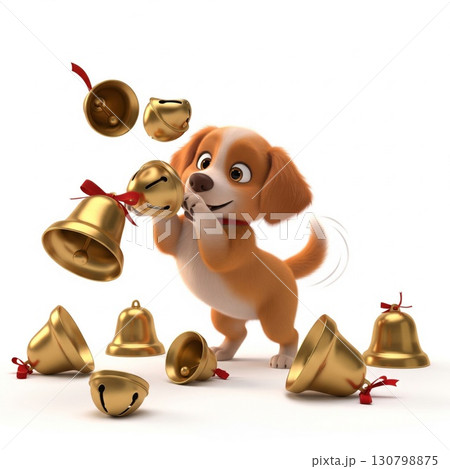 Animated Puppy Playing With Golden Bells Tied With Red Ribbons On White Background Animated Puppy Playing With Golden Bells Tied With Red Ribbons On White Background 130798875