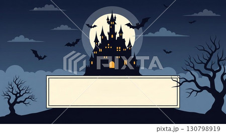 Pixel Art Halloween Castle Silhouette Under Full Moon with Spooky Sky Background 130798919