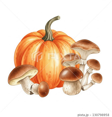 Vibrant Orange Pumpkin with Brown Mushrooms Illustration on White Background Vibrant Orange Pumpkin with Brown Mushrooms Illustration on White Background 130798958