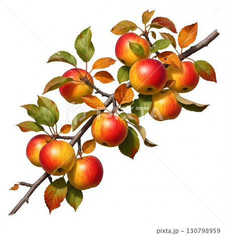 Branch with Red and Yellow Apples on White Background Branch with Red and Yellow Apples on White Background 130798959