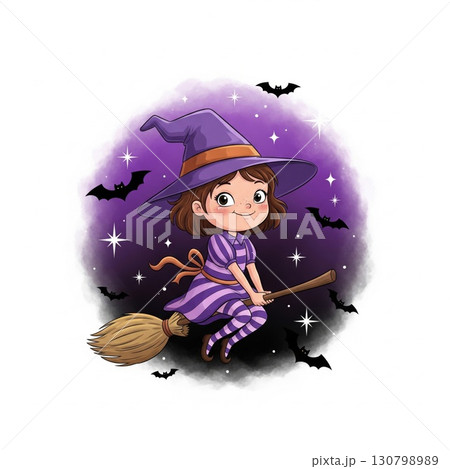 Cute Cartoon Witch Girl Flying on Broom with Purple Hat and Striped Dress Halloween 130798989