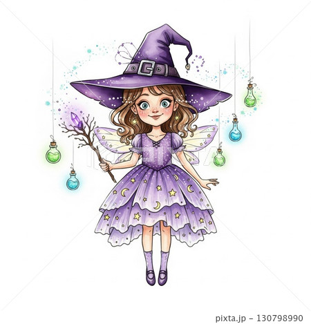 Digital Art of a Fairy Witch with Purple Dress and Hat on White Background 130798990