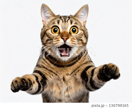 A startled cat is caught mid-air, with an exaggeratedly wide-eyed expression of shock and surprise. 130799165