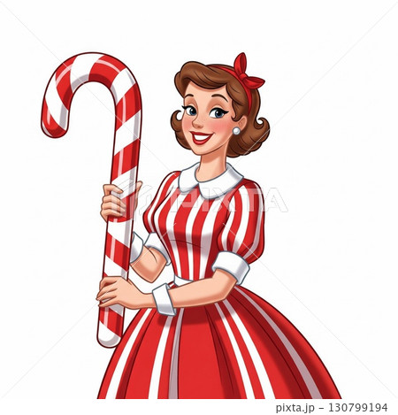 Cartoon Woman in Red Striped Dress with Candy Cane on White Background Cartoon Woman in Red Striped Dress with Candy Cane on White Background 130799194