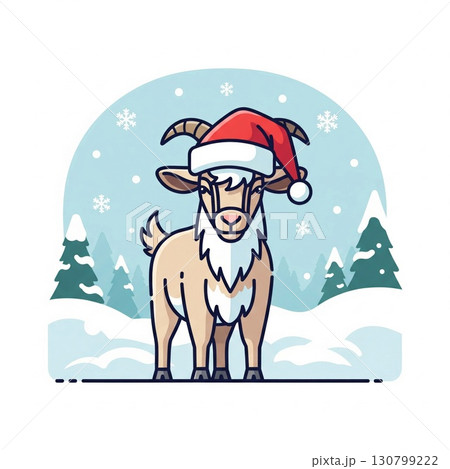 Pixelated Goat Wearing Red Santa Hat in Winter Landscape Illustration 130799222