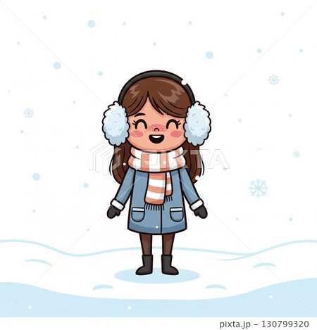 Smiling Girl in Winter Outfit with Blue Coat and Ear Muffs in Snowy Landscape 130799320