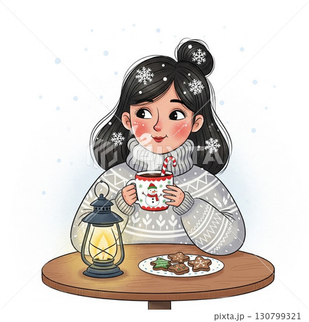 Woman with Hot Drink in Festive Mug with Cookies and Lantern Illustration 130799321