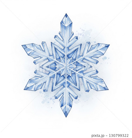 Detailed Blue Snowflake Illustration on White Background in Watercolor Style 130799322