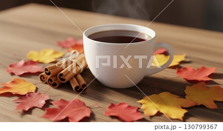 Steaming Coffee Cup with Cinnamon Sticks and Colorful Autumn Leaves on Wooden Table 130799367