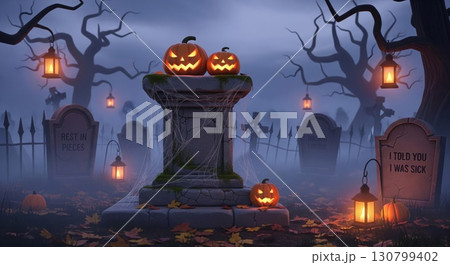 Pixel Art Spooky Halloween Graveyard With Stone Pedestal Pumpkins Lanterns 130799402
