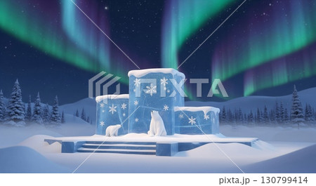 Icy Stage with Snowflakes and Polar Bears Under Green and Blue Aurora Borealis at Night 130799414