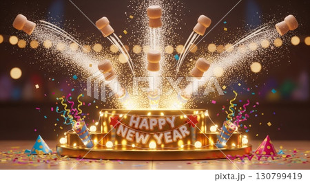 Festive Happy New Year Celebration with Golden Stage and Champagne Corks Festive Happy New Year Celebration with Golden Stage and Champagne Corks 130799419