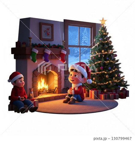 Two Boys in Red Hats and Sweaters Sit Near Fireplace and Decorated Christmas Tree 130799467