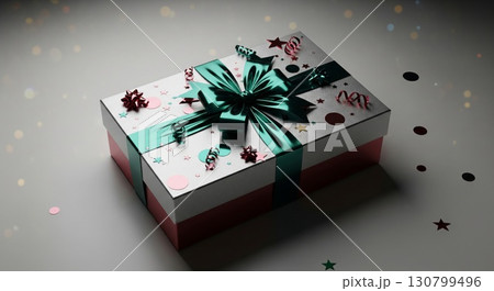 Elegant Gift Box with Teal Ribbon on White Surface with Festive Confetti Elegant Gift Box with Teal Ribbon on White Surface with Festive Confetti 130799496