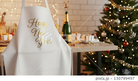 White Apron with New Year Greetings in Kitchen with Christmas Tree 130799497