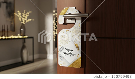 Close up Door Hanger with Gold Accent on a Dark Brown Door Interior Close up Door Hanger with Gold Accent on a Dark Brown Door Interior 130799498