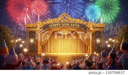 Celebratory Gathering Under Fireworks At Stage with Happy New Year Sign 130799637