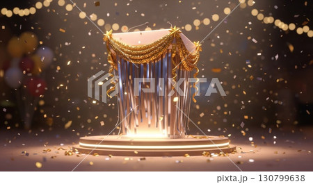 Elegant White Gift Box Wrapped with Gold Garland on a Podium with Confetti 130799638