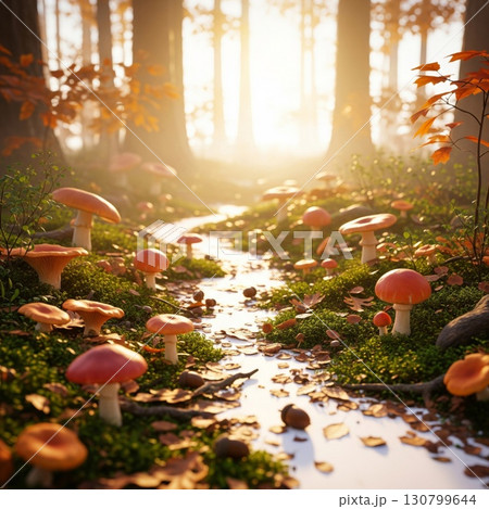 Tranquil Forest Stream Adorned with Toadstools and Autumn Foliage in Warm Golden Light Tranquil Forest Stream Adorned with Toadstools and Autumn Foliage in Warm Golden Light 130799644