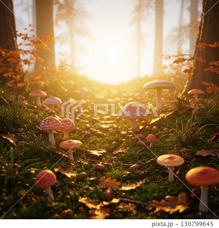 Sunlit Forest Path with Red Mushrooms and Mossy Ground in Autumnal Hues 130799645