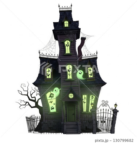 Eerie Haunted House with Glowing Windows and Ghosts on White Background 130799682