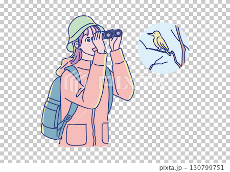 年輕女子用雙筒望遠鏡賞鳥 130799751