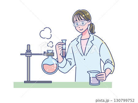 ゴーグルをつけて薬品の実験をする女性 130799752