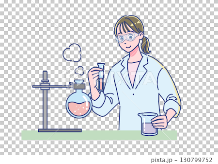 ゴーグルをつけて薬品の実験をする女性 130799752