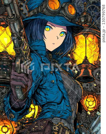 スチームパンク風の女性キャラクターとランプのイラスト 130799768