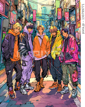 ストリートファッションの若者たちが集う街並み 130799771