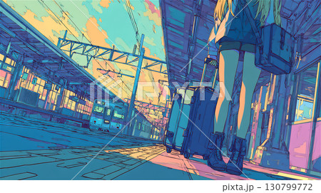 駅での旅立ちを感じるアニメ風の風景 130799772