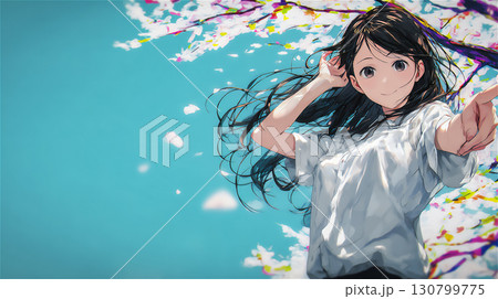 青空の下で微笑む少女と桜の花 130799775