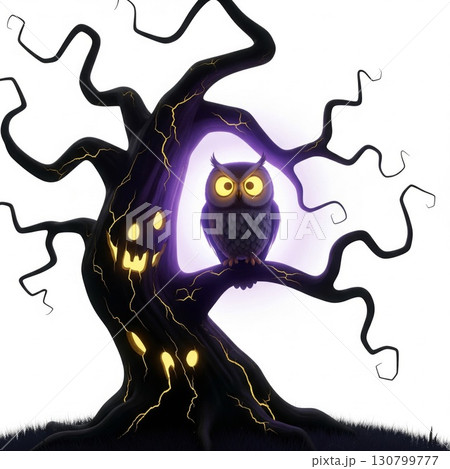 Cartoon Owl Perched on Spooky Tree Branch Against White Background 130799777