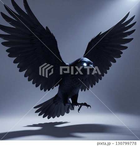 Dramatic Low Angle of a Black Raven with Glowing Eyes Spreading Wings in Studio 130799778