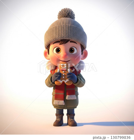 Cartoon Boy with Knit Hat Holding Gingerbread Cookie on White Background 130799836