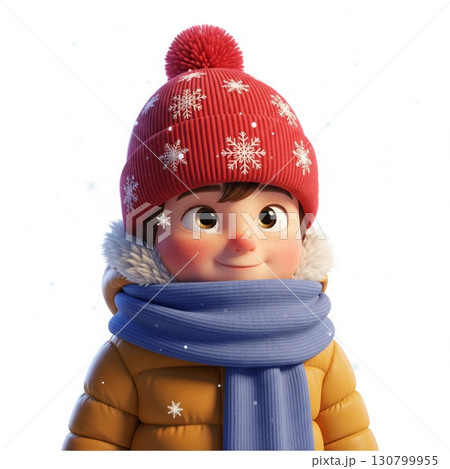 Boy Portrait in Winter Gear with Red Knit Hat and Blue Scarf on White 130799955