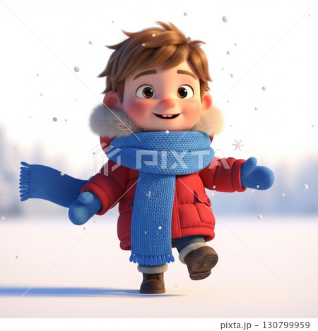 Cartoon Boy in Red Winter Coat with Blue Scarf on Snowy White 130799959