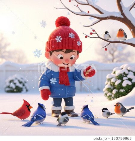 Boy in Winter Clothing Feeding Birds in a Snowy Landscape 130799963