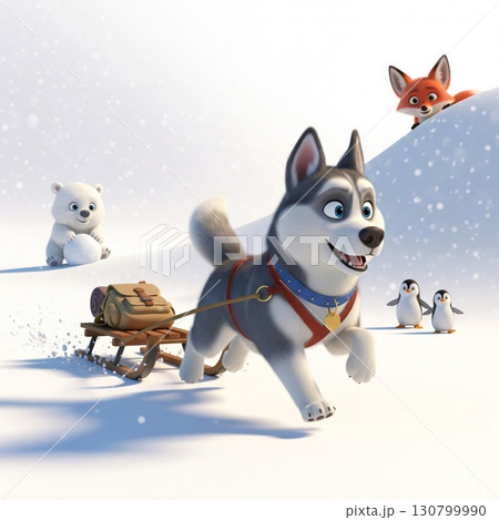 Animated Husky Pulling Sled with Bag in Snowy Landscape with Polar Bear and Fox 130799990