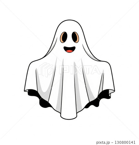 Pixel Art Illustration of a Friendly White Ghost with Black Shadows and Cartoon Eyes 130800141