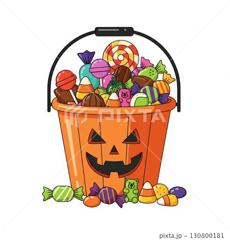 Pixel Art Illustration of Orange Pumpkin Bucket Filled with Halloween Candy on White Background 130800181