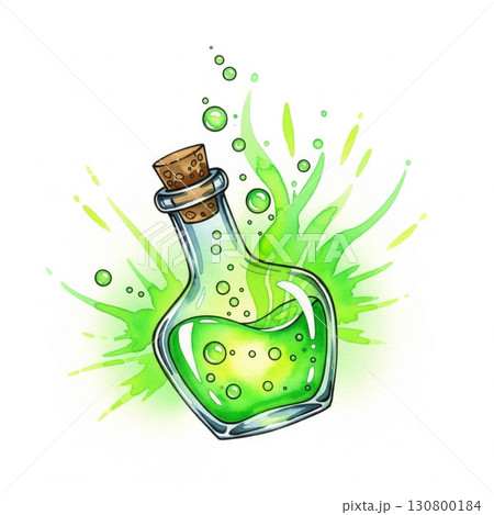 Vibrant Green Potion in Glass Bottle with Cork and Bubbles Illustration 130800184