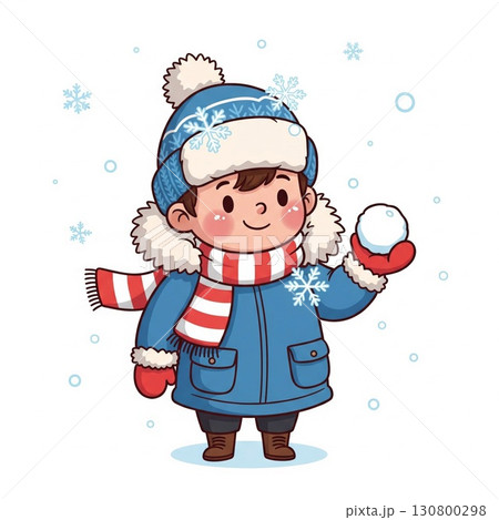 Cartoon Boy in Winter Attire Holding Snowball on White Background Cartoon Boy in Winter Attire Holding Snowball on White Background 130800298