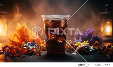 Festive Halloween Beverage in Plastic Cup with Decorative Motif on Dark Table Festive Halloween Beverage in Plastic Cup with Decorative Motif on Dark Table 130800367