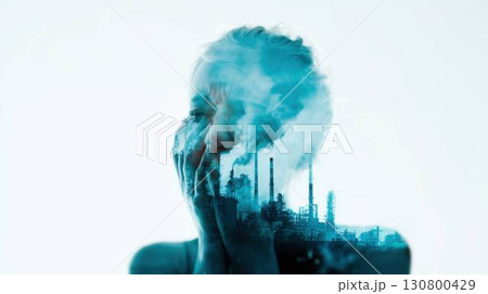 環境問題と子供の未来：工場の煙に覆われたコンセプトアート 130800429