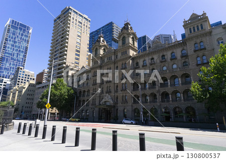 Melbourne, Australia - December 29,2023 : Street view of the facade of the Windsor hotel, a luxury Victorian era hotel in Melbourne, Australia on December 29,2023. 130800537