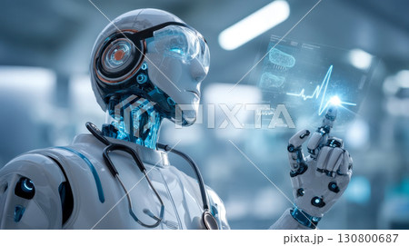 Medical robot with artificial intelligence using a futuristic holographic interface in a hospital 130800687