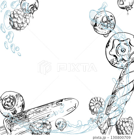 Melting berry swirl fruit ice cream pop with raspberry blueberry, water drops splash hand drawn in vector ink. graphic square border frame. Sweet cafe flyer, frozen snack decor, digital stationery 130800709