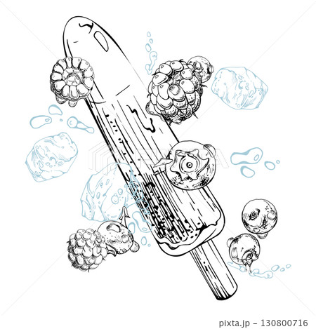 Popsicle stick with juicy berries, ice cubes and cool melting water splashes drops. graphic illustration hand drawn in vector ink. Ice cream flavor art, summer product design, fruit-themed gift wrap 130800716