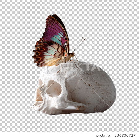 Striking conceptual image. A colorful butterfly perched atop a skull, symbolizing life, death, beauty, and the ephemeral nature of existence. Perfect for editorials, blogs, and art. 130800727